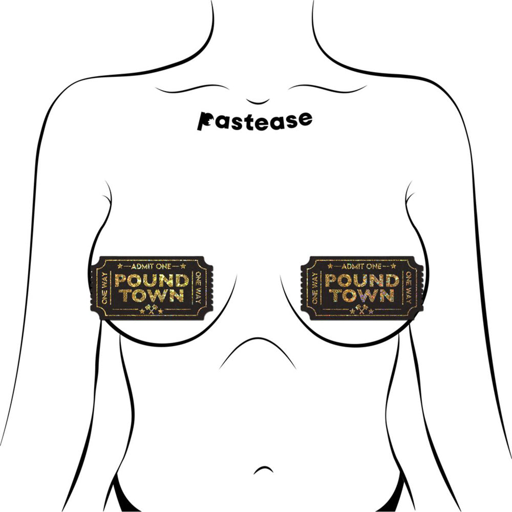 Gold glitter ticket nipple pasties with "Pound Town" text.