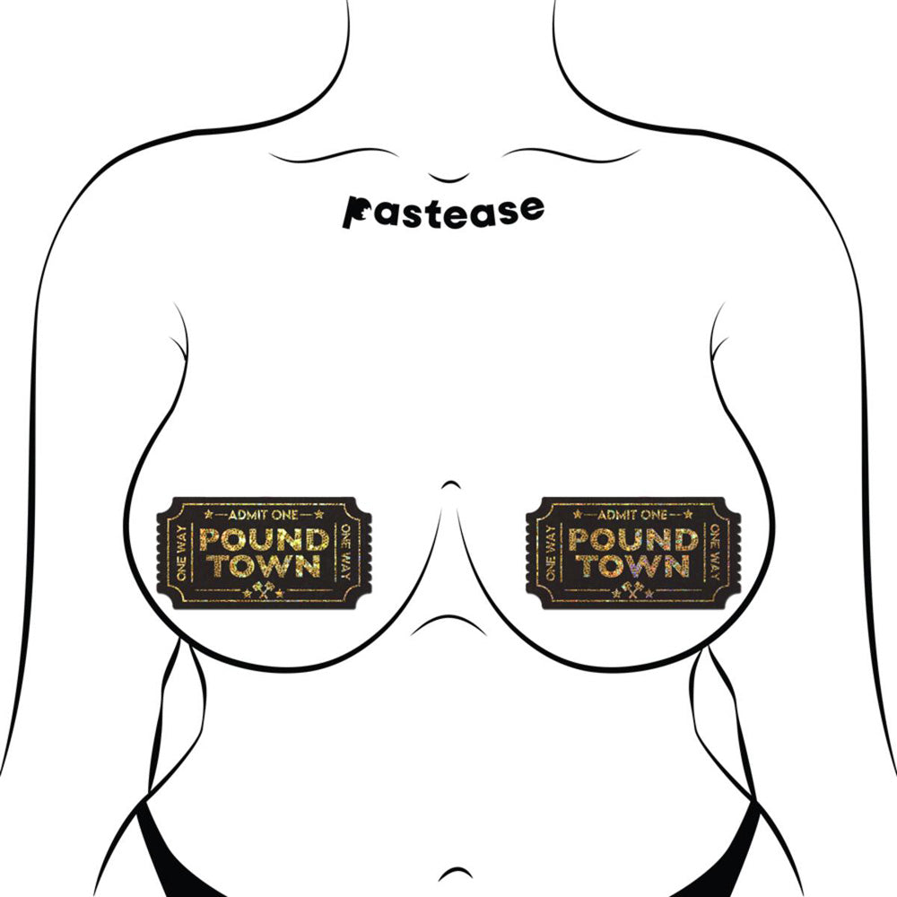 Gold glitter ticket nipple pasties with "Pound Town" text.