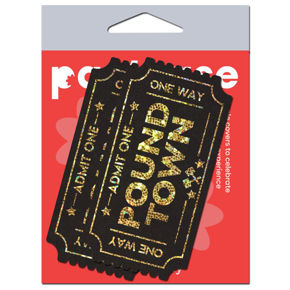 Gold glitter ticket nipple pasties with "ADMIT ONE" and "POUND TOWN" text.