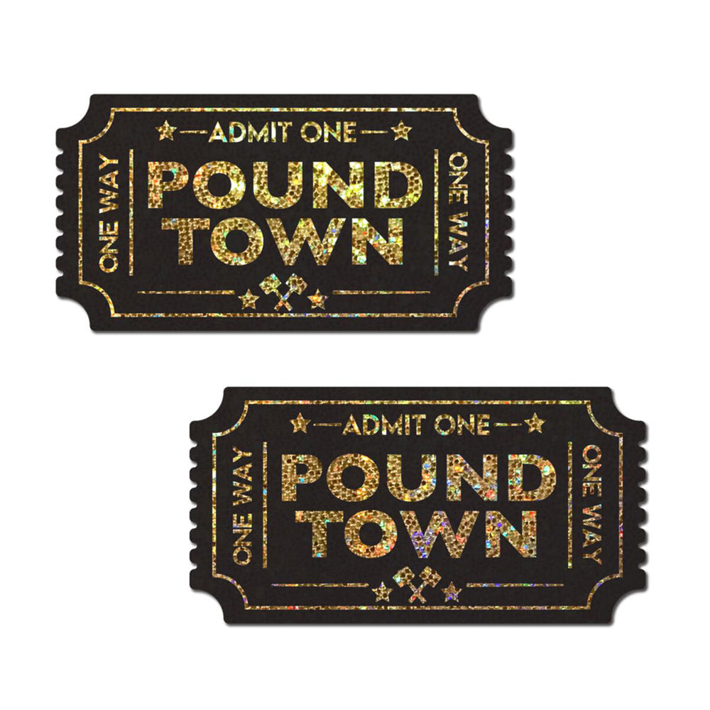 Two gold glitter tickets that say "Pound Town" and "Admit One".