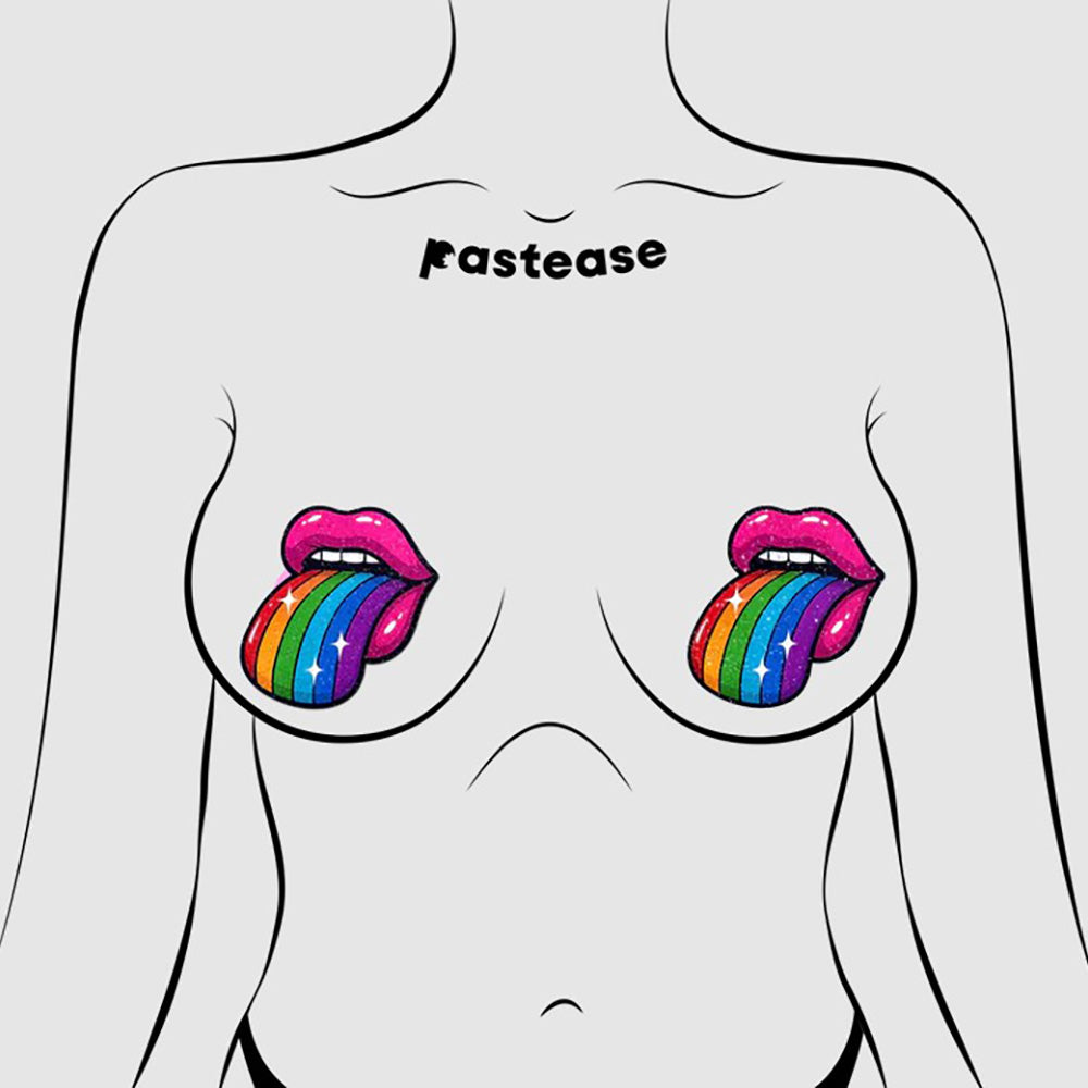 Rainbow sparkling tongue out breast pasties with glitter.