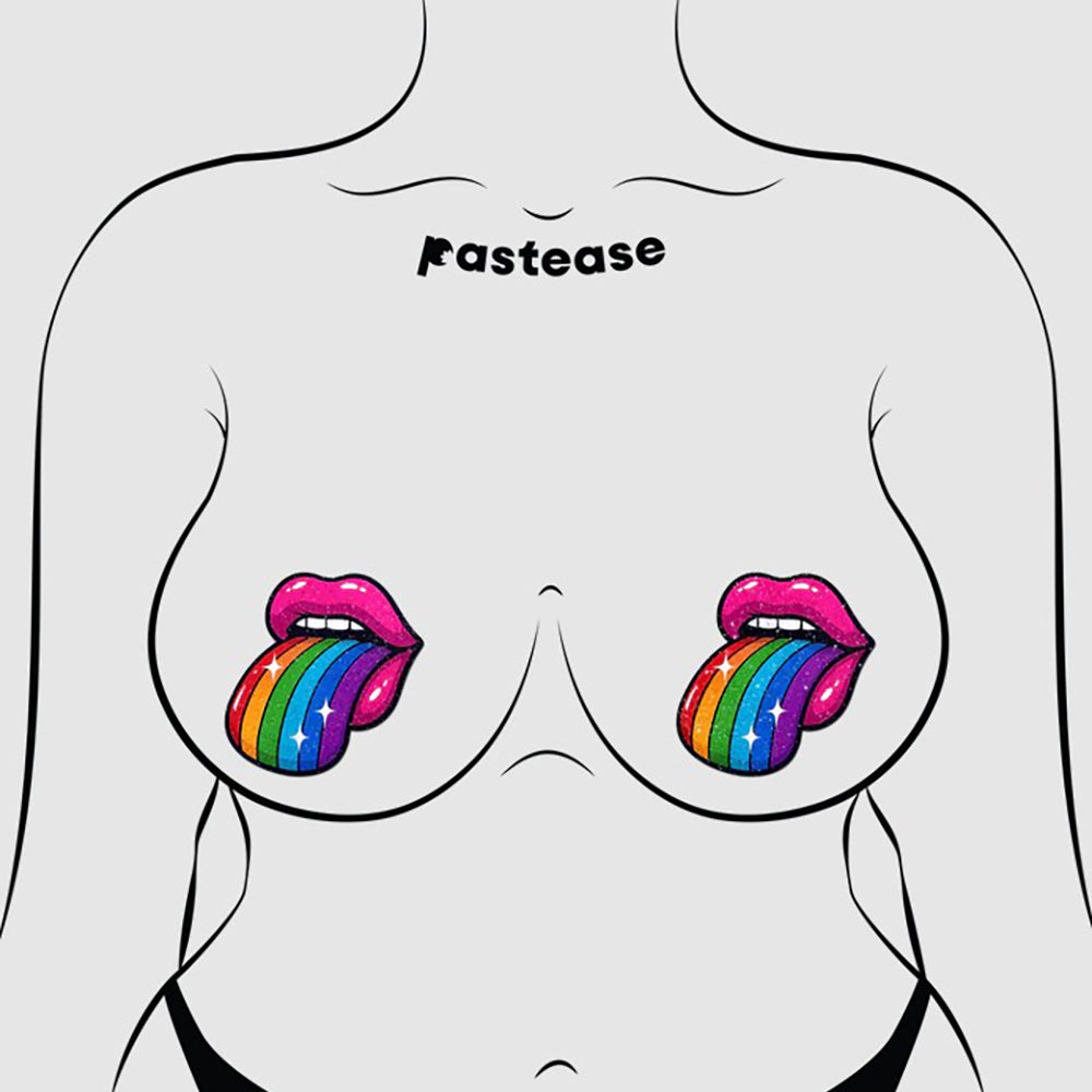 Rainbow sparkling tongue out breast pasties with glitter.