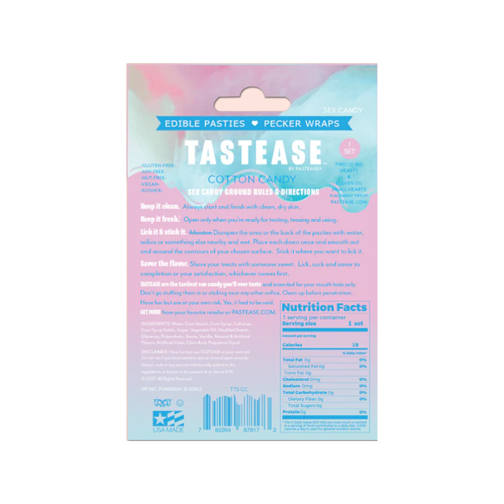 Cotton Candy Edible Pasties with "Tastease" branding and nutrition facts.