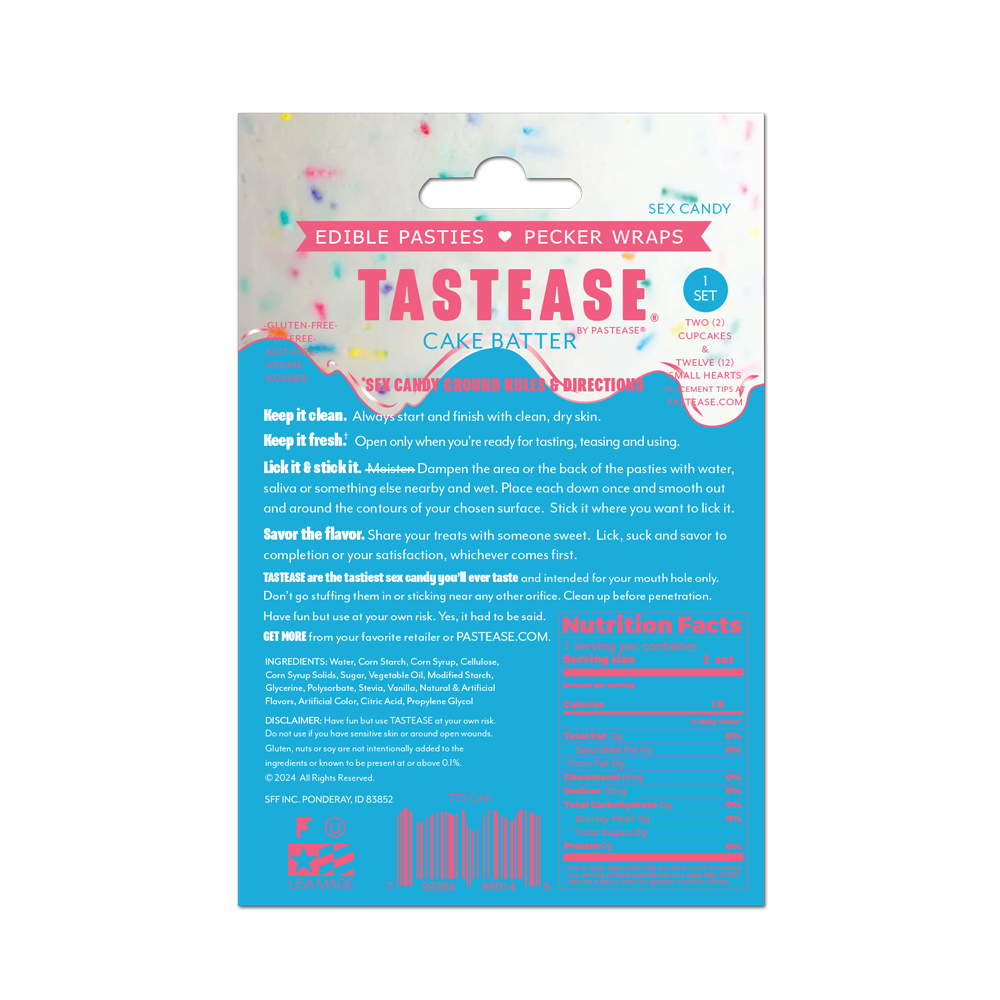 Edible body pasties in cake batter flavor with "Tastease" branding.