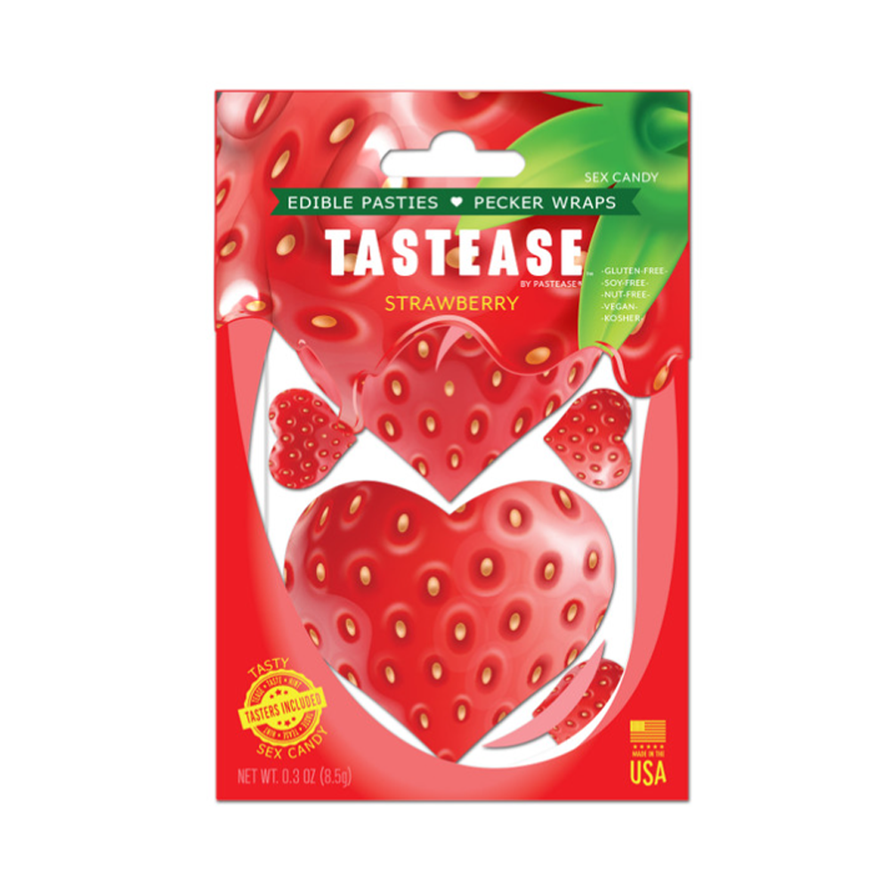 Strawberry edible body pasties with a heart shape and strawberry design.