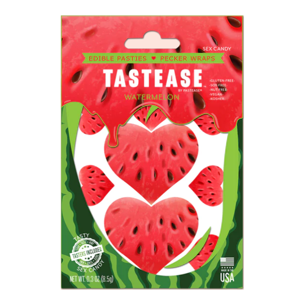 Watermelon flavored edible pasties shaped like hearts.