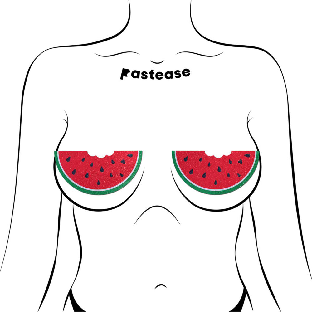 Watermelon slice pasties with glitter velvet and a bite design.