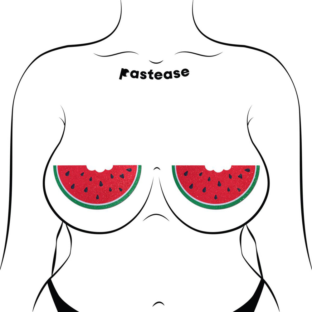 Watermelon slice glitter velvet breast pasties with a bite design.