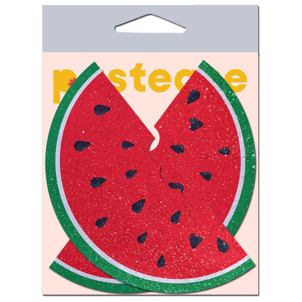 Watermelon slice glitter velvet breast pasties with black seeds.