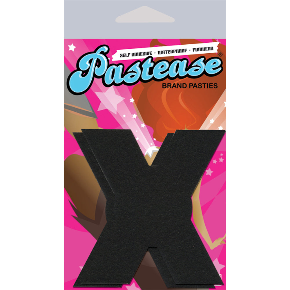 Black X-shaped nipple pasties with adhesive backing.