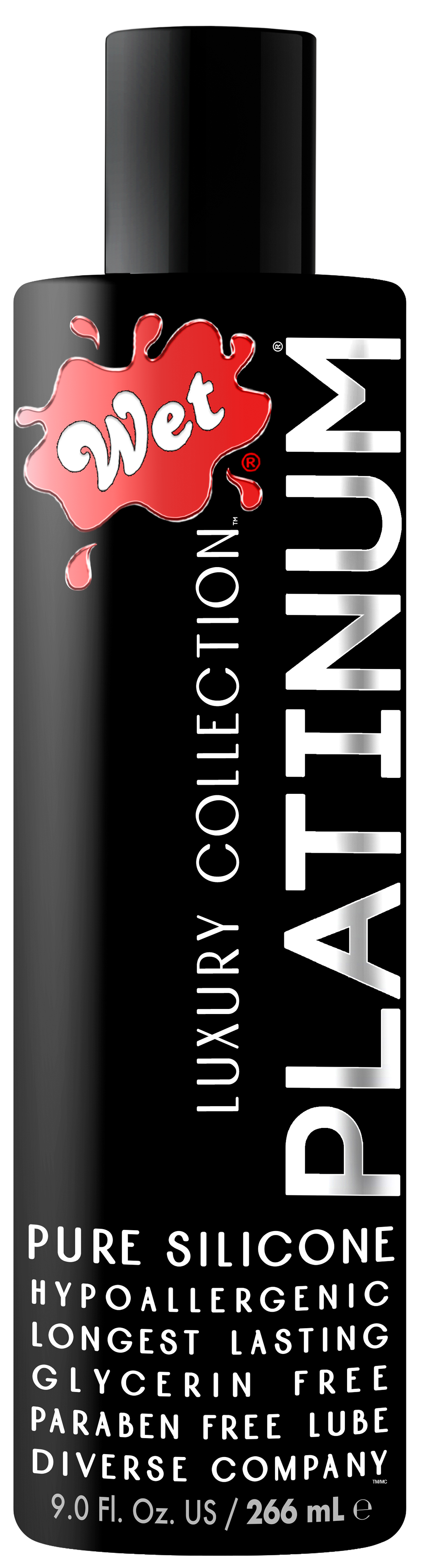 Wet Platinum silicone-based lubricant in a black bottle with red splash logo.