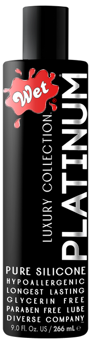 Wet Platinum silicone-based lubricant in a black bottle with red splash logo.