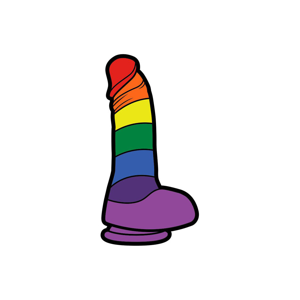 Rainbow dildo soft enamel lapel pin accessory.