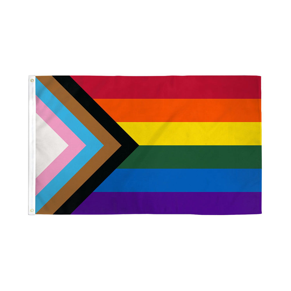 Progress Pride flag with rainbow stripes and chevron of black, brown, light blue, pink, and white.