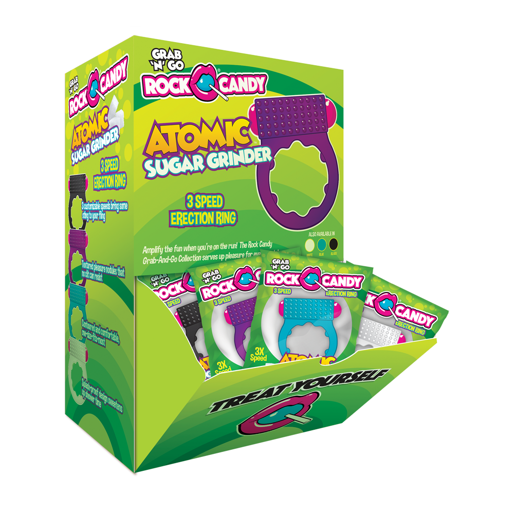 Atomic Sugar 3-Speed Vibrating C-Ring in purple, with other colors visible.