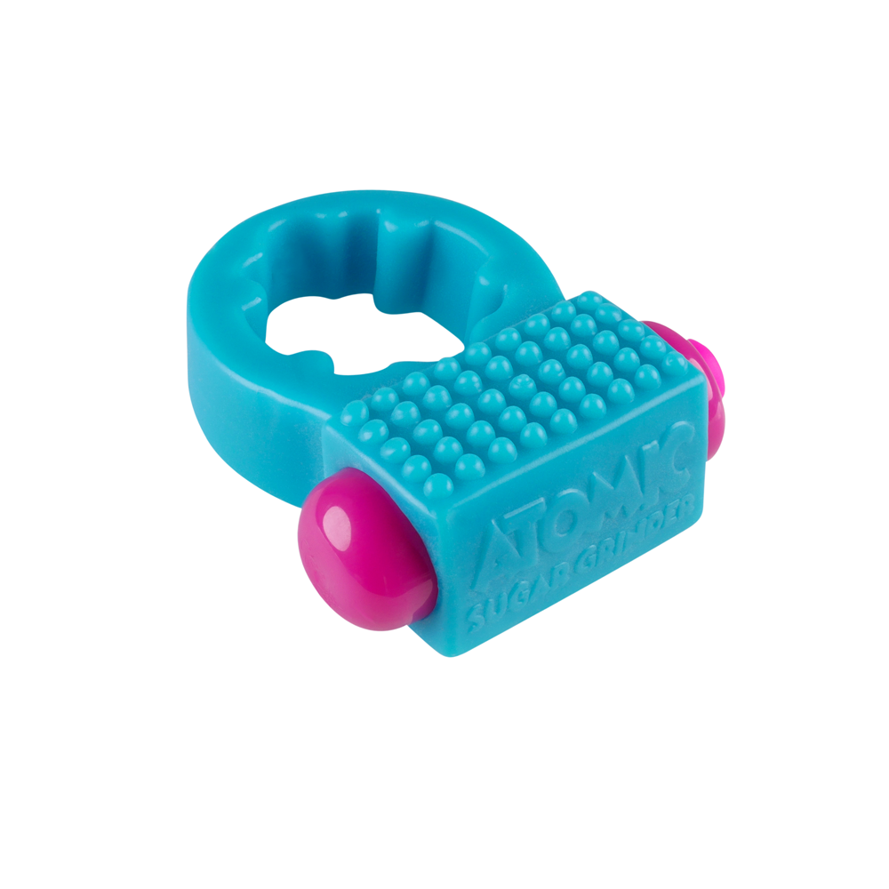 A blue vibrating c-ring with pink accents and textured surface.
