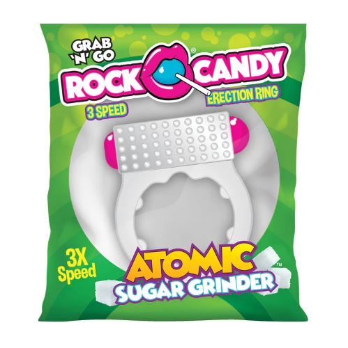 Atomic Sugar 3-Speed Vibrating C-Ring with a textured surface and pink accents.