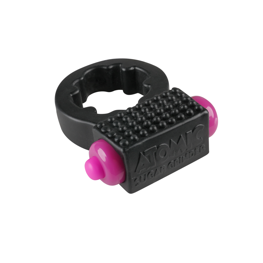 Black vibrating c-ring with pink accents and textured surface.