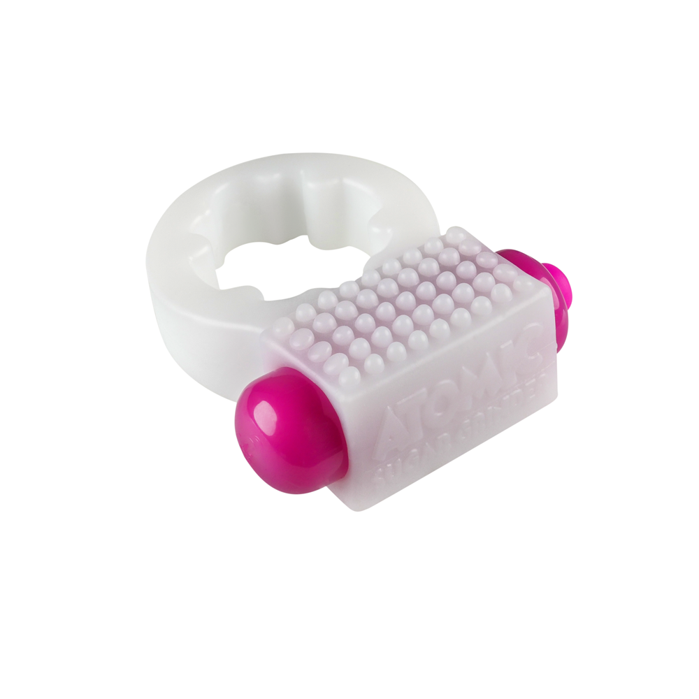 White vibrating c-ring with pink accents and textured surface.