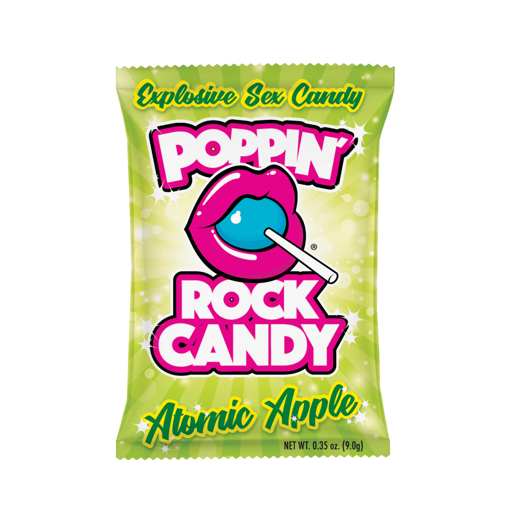 Poppin Rock Candy Atomic Apple flavor candy in a green wrapper.