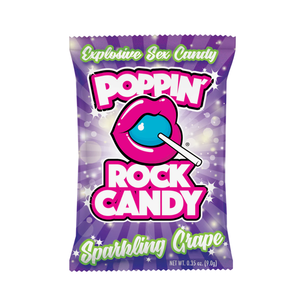 Poppin Rock Candy with lips and lollipop graphic on purple background.
