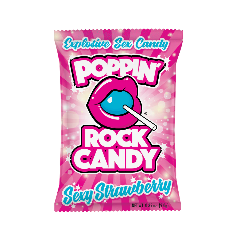 A pink wrapper for Poppin Rock Candy with lips and a lollipop graphic.
