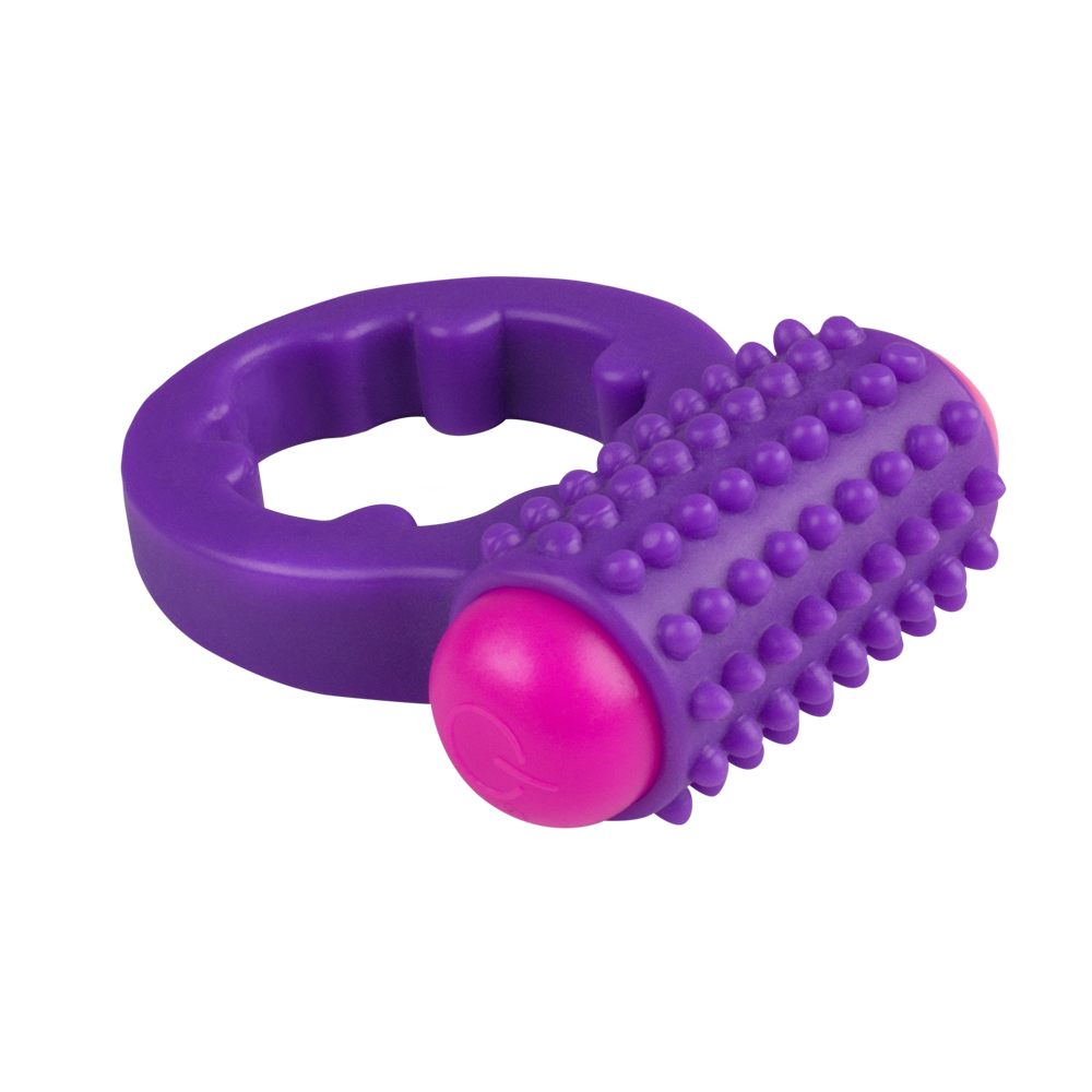 A purple vibrating cock ring with a textured roller and pink ends.