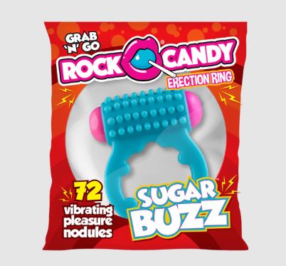 A blue vibrating cock ring with pink ends on a Rock Candy Toys display.