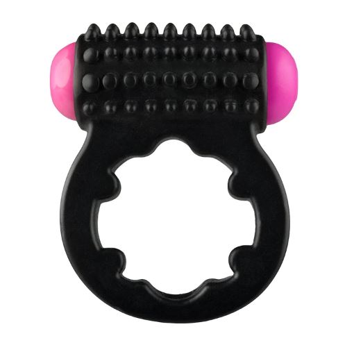 Black vibrating cock ring with pink ends and textured surface.