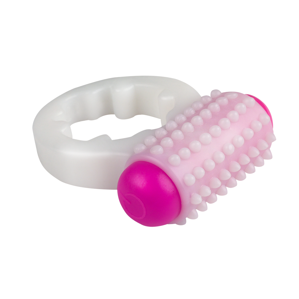 Pink vibrating cock ring with a white holder.