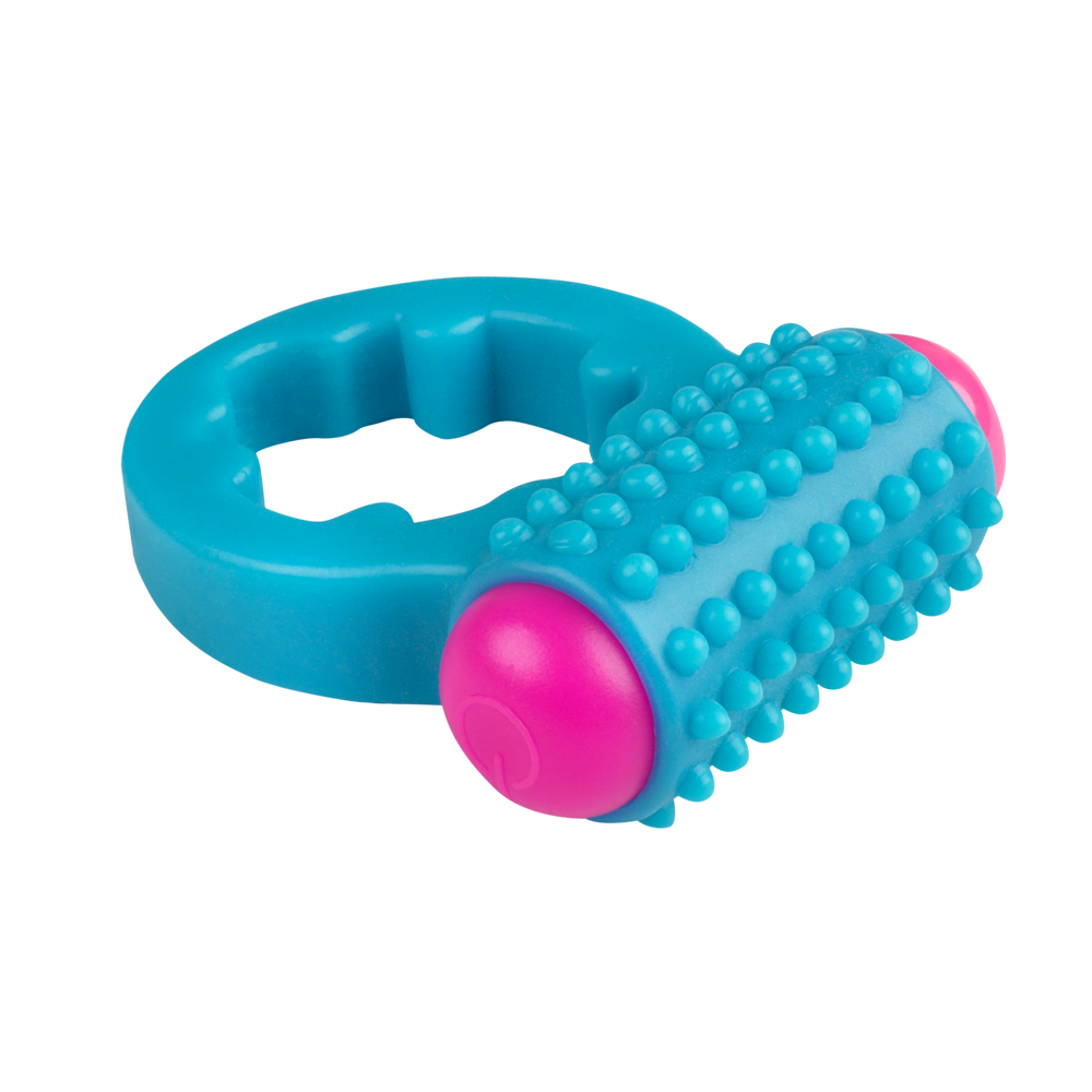 A blue vibrating cock ring with pink ends and a textured surface.