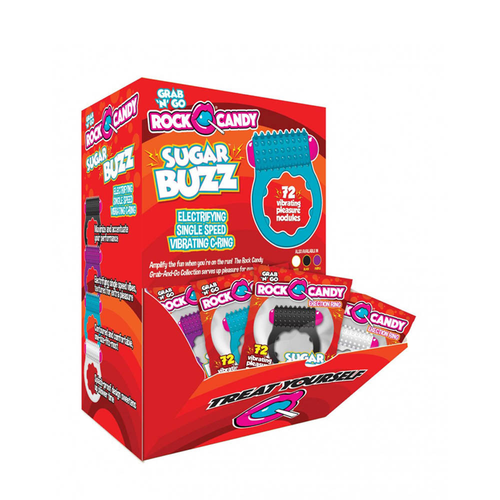Sugar Buzz vibrating cock ring display with 24 individual rings.