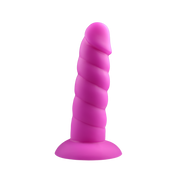 Pink silicone twisted dildo with contoured head and suction cup base.