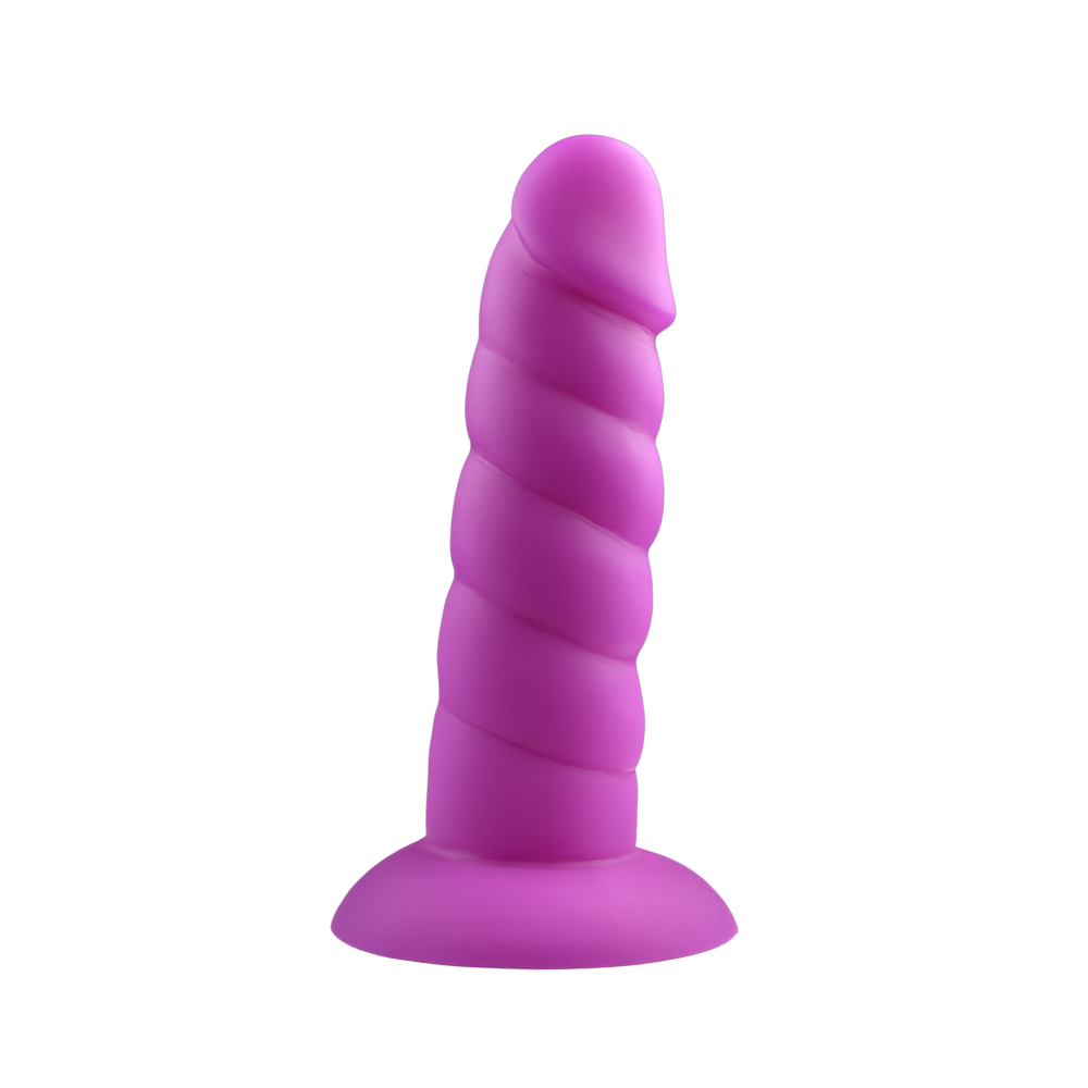 Pink silicone twisted dildo with contoured head and suction cup base.