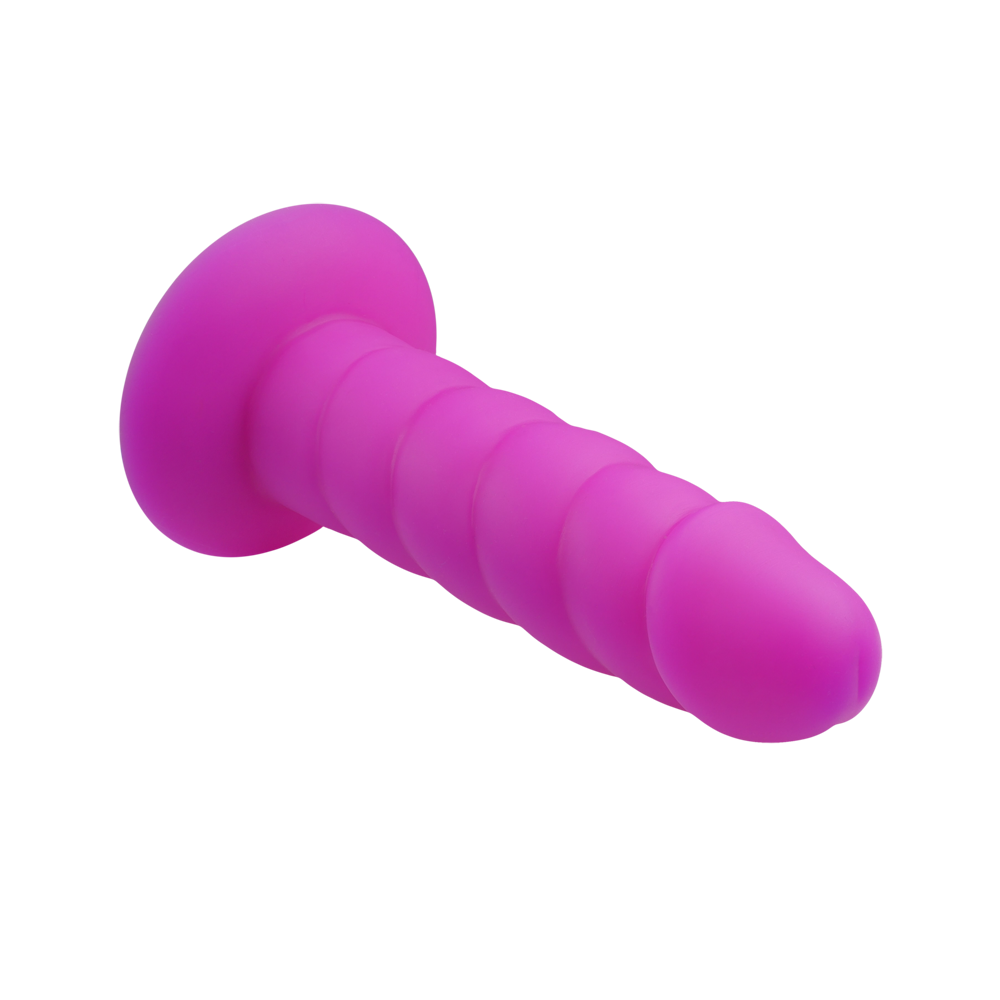 Pink silicone twisted dildo with suction cup base and contoured head.
