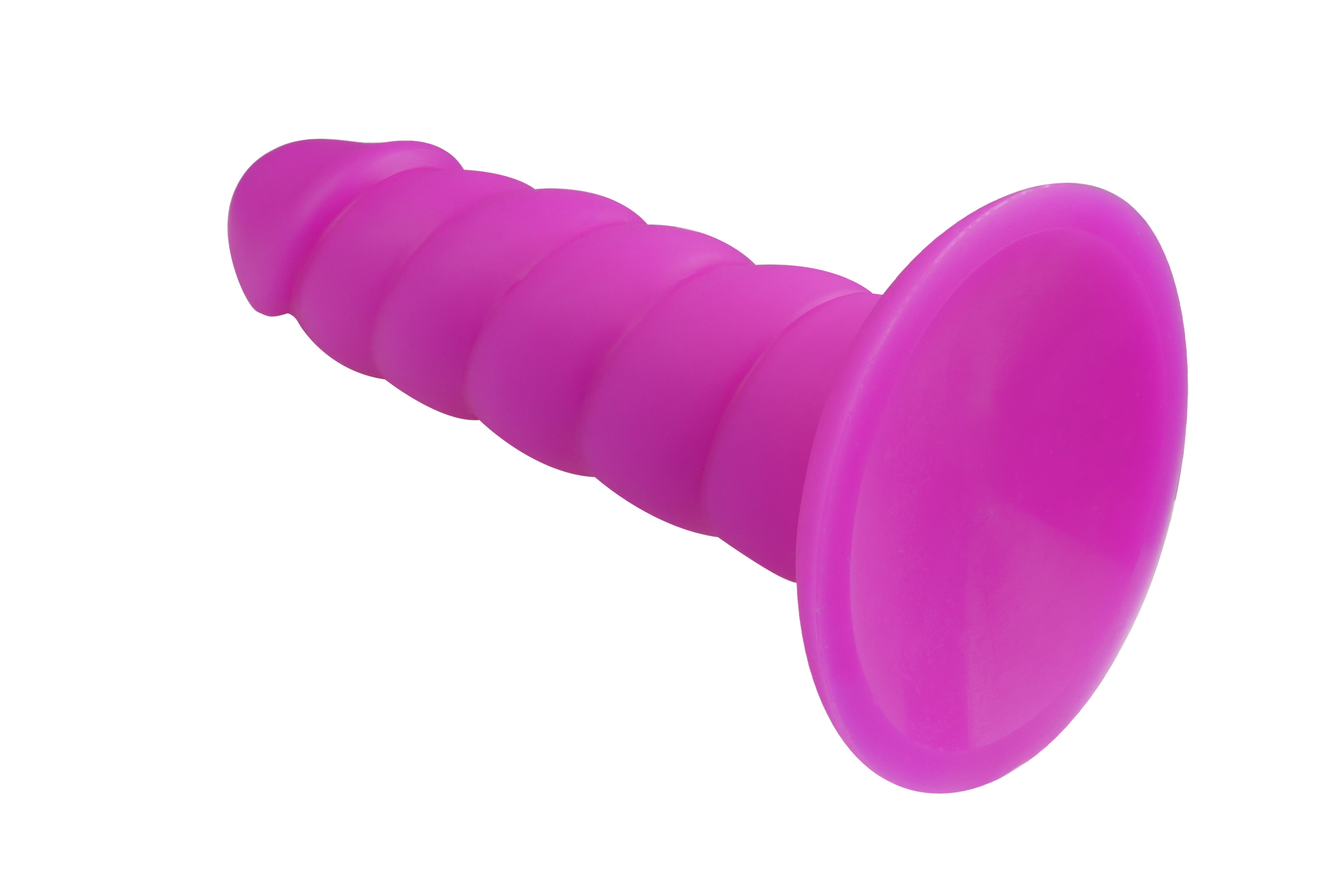 Purple silicone twisted G-spot dildo with suction cup base.
