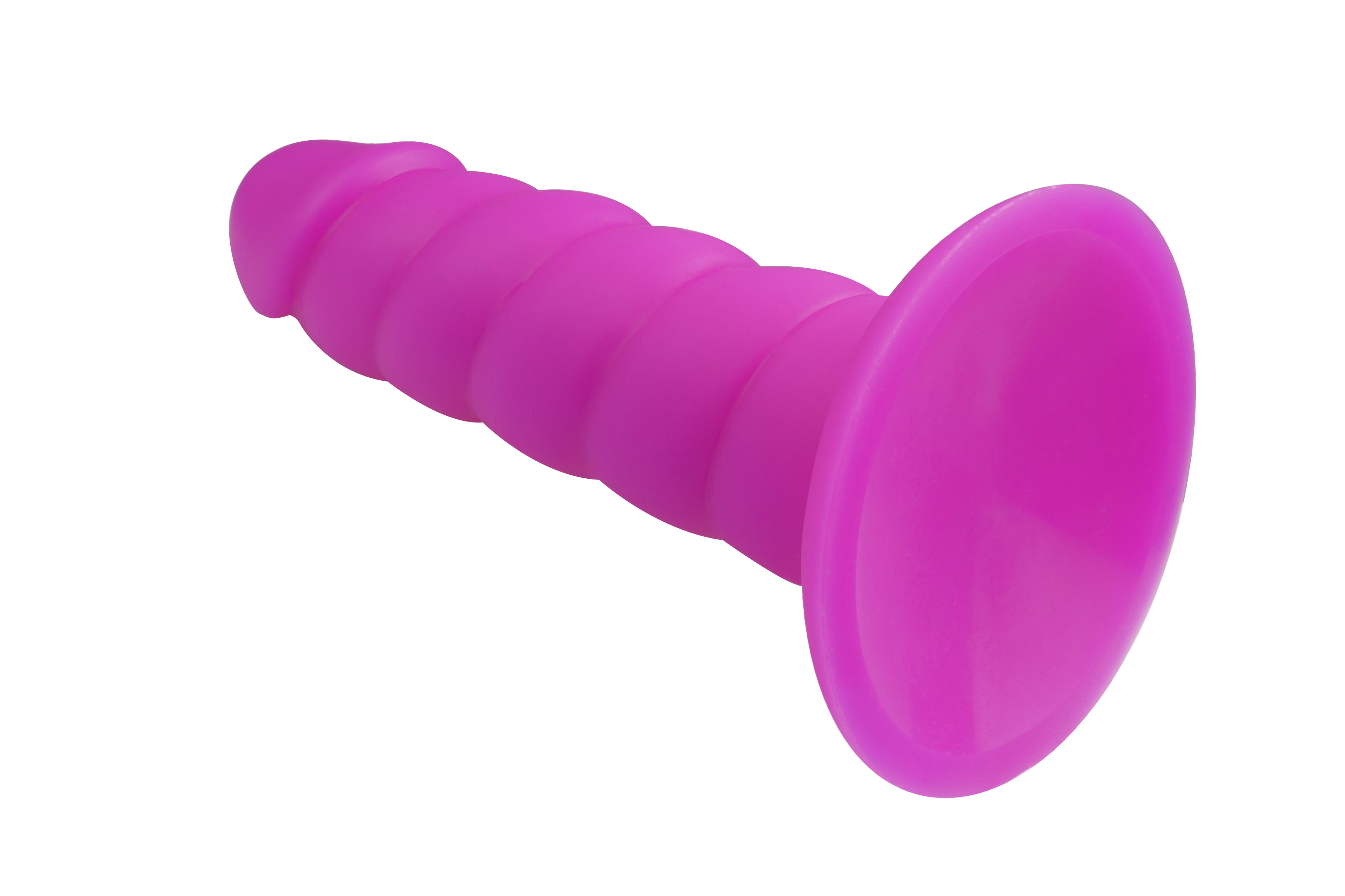 Purple silicone twisted G-spot dildo with suction cup base.