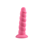 Pink 7-inch twisted silicone suction cup dildo with realistic head.