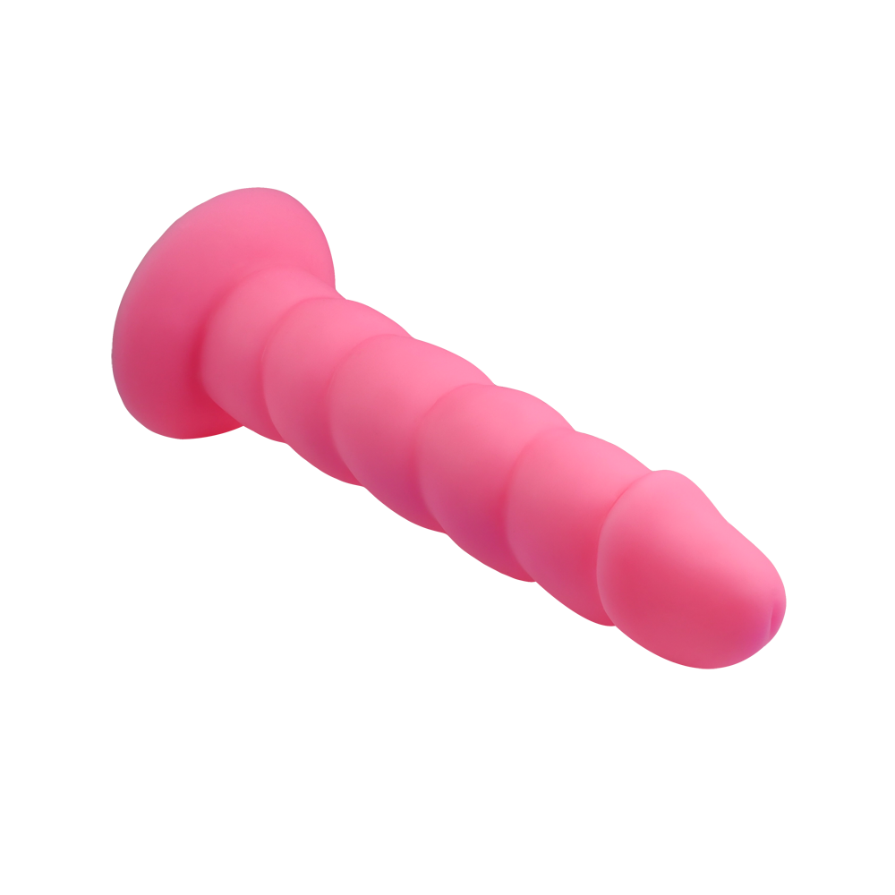 Pink 7-inch twisted silicone dildo with suction cup base.