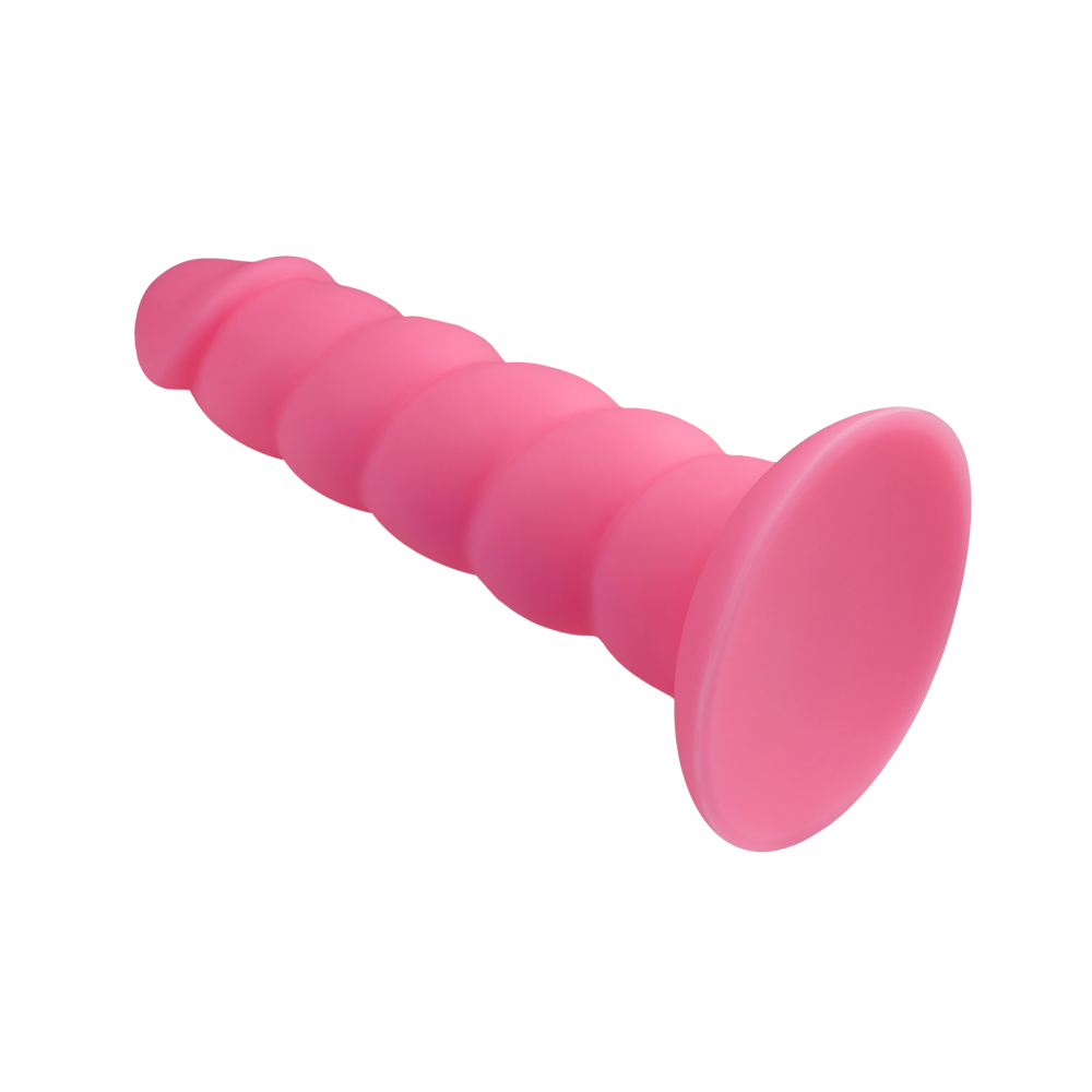 Pink 7-inch twisted silicone dildo with suction cup base.