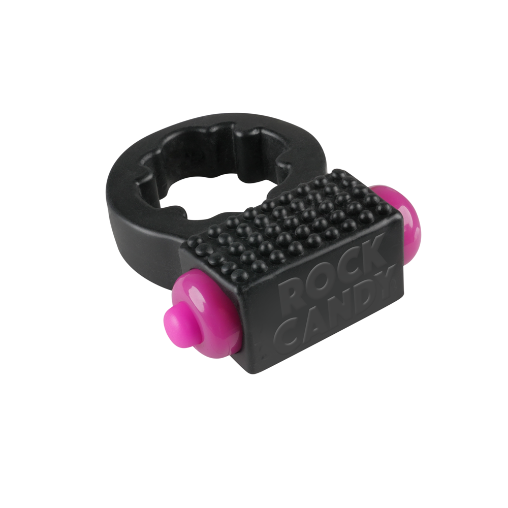 Black vibrating c-ring with pink accents and textured surface.