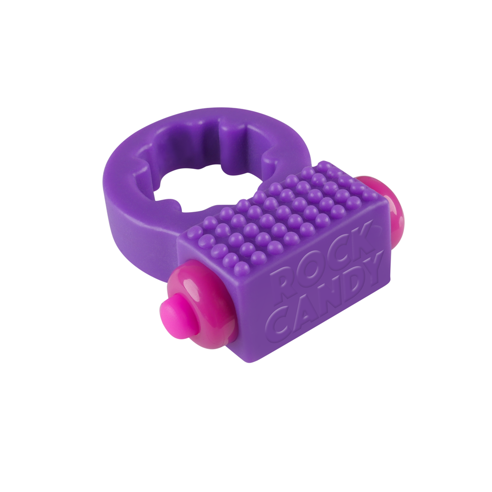 Purple vibrating c-ring with pink accents and textured surface.