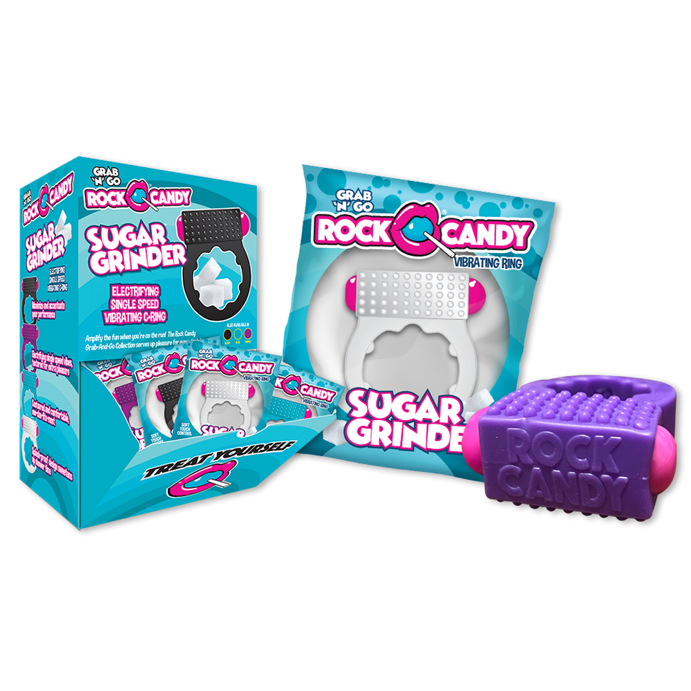 Rock Candy Sugar Grinder vibrating c-ring in purple with pink ends.