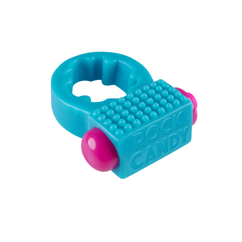 A blue vibrating c-ring with pink accents and "ROCK CANDY" embossed on it.