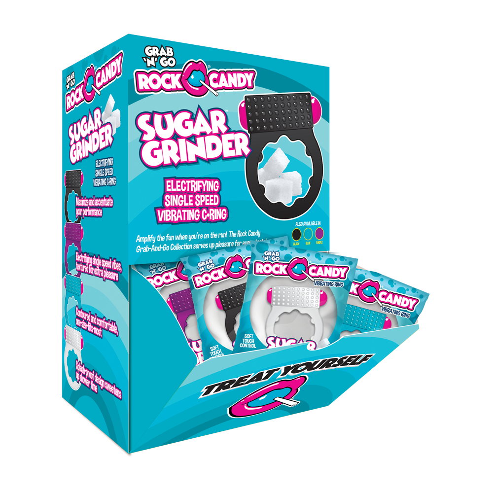 Rock Candy Sugar Grinder vibrating C-ring display with product packaging.