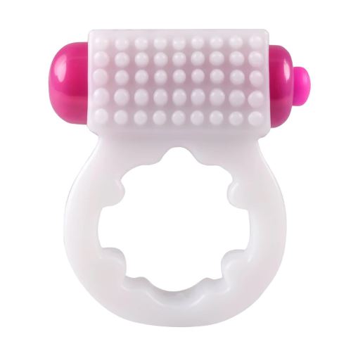 A white and pink vibrating C-ring with a textured surface.