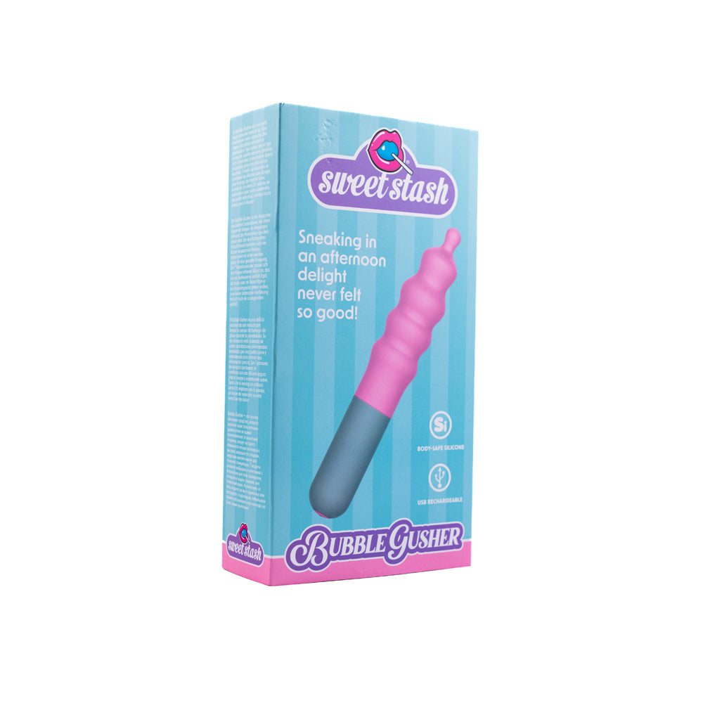 Bubble Gusher vibrator in pink and gray silicone on a blue box.