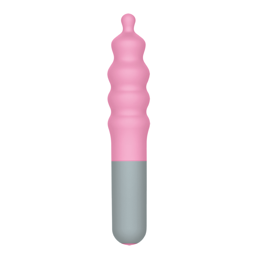 A pink and gray silicone vibrator with a bulbous, rippled top.