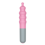 A pink and gray silicone vibrator with a bulbous, rippled top.