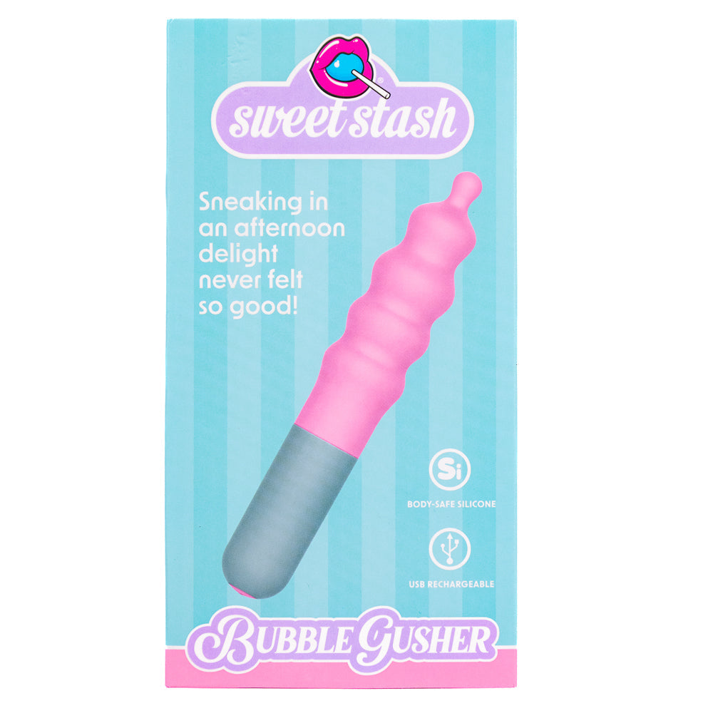 Pink rechargeable silicone vibrator with ridged shaft on blue packaging.